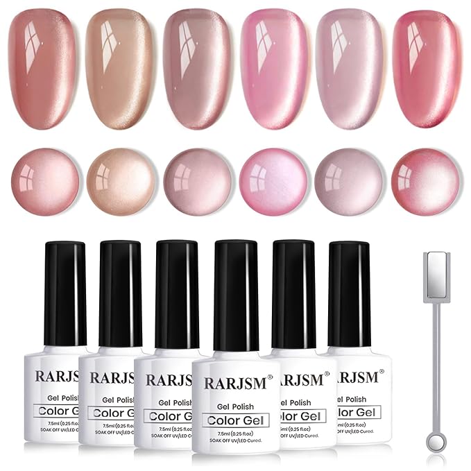 RARJSM Nude Glitter Cat Eye Gel Nail Polish Set 6Pcs Ceramics Pink Light Purple Brown Velvet Shimmer Smoothie Cateye Gel Polish with Magnetic Stick UV LED Curing Require Home Salon Nail Design