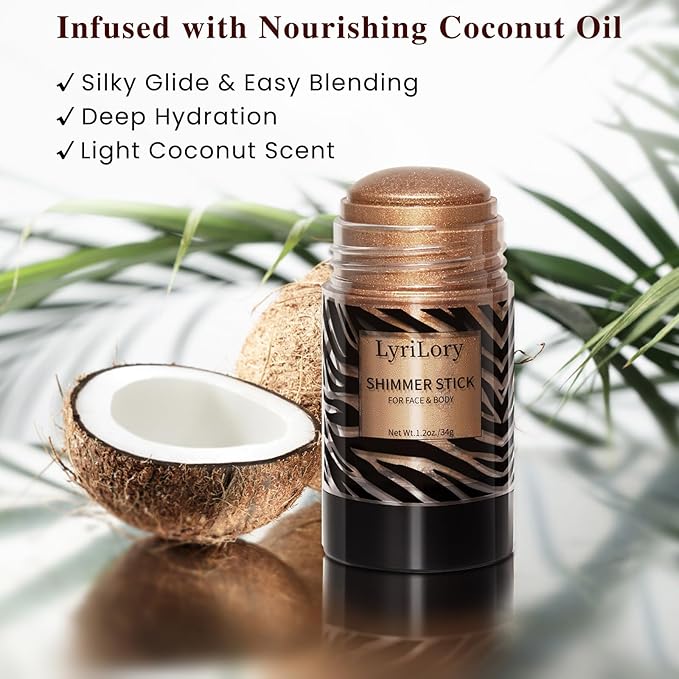 Highlighter Stick, Multi-Use Shimmer Makeup, Creamy Highlighter Makeup Stick with Hydrating Coconut Oil, Easy Blend for a Bronzy Radiant Glow, For Face & Body | 1.2oz | Copper Shimmer