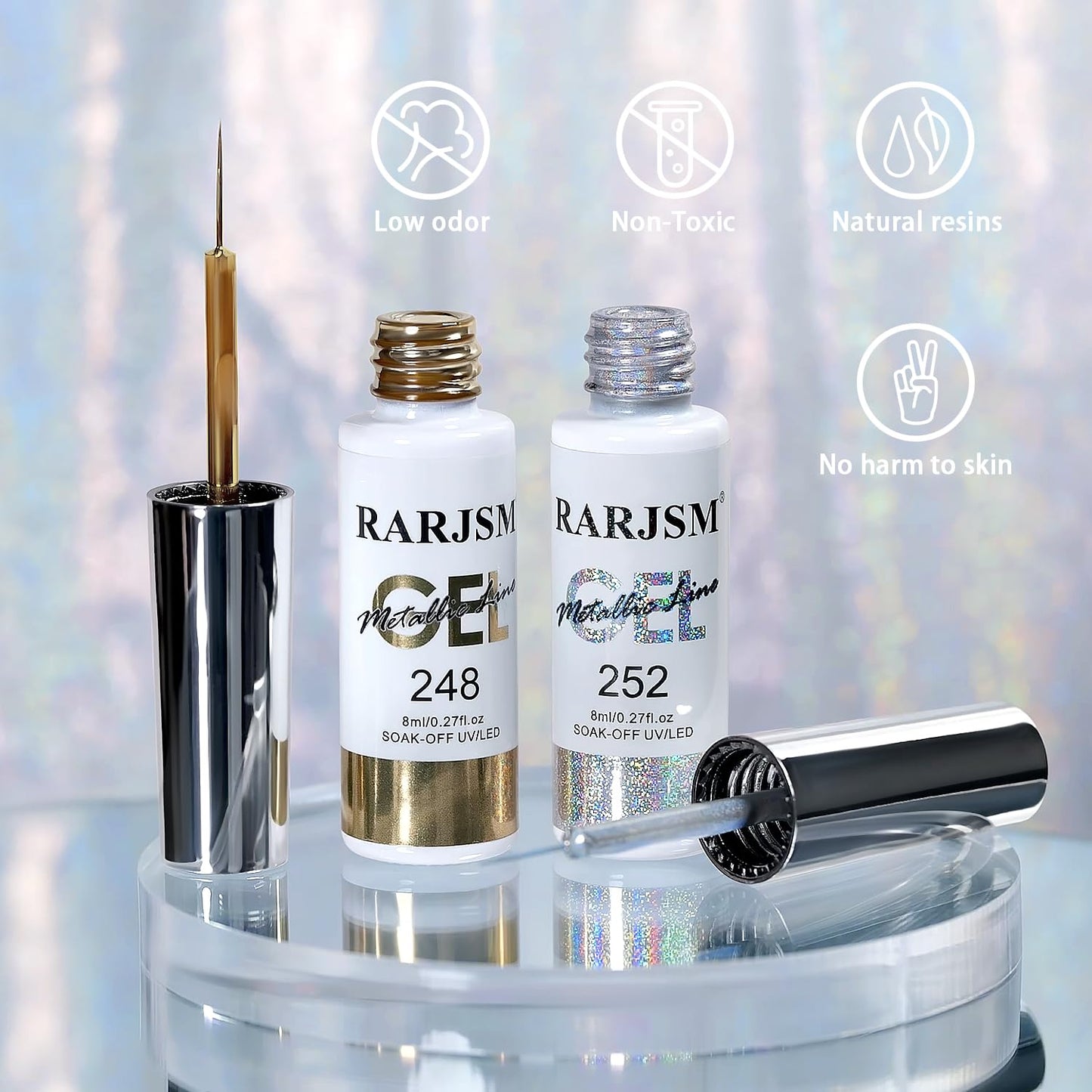 RARJSM Metallic Chrome Gel Liner Nail Art 3D Mirror Holographic Silver and Bronze Gold 2Pcs Set Gel Nail Polish 8ml Painting Build in Thin Brush Painted Drawing Striper GelPolish Curing Requires