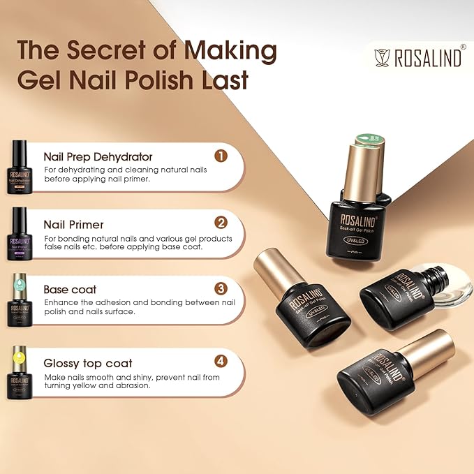 ROSALIND 8 PCS Dehydrator Nail Primer and Top & Base Coats Kit, Nail Strengthening System Superior Protein Bonding, Fast Air Dry for Acrylic Powders Nail Gel Polish