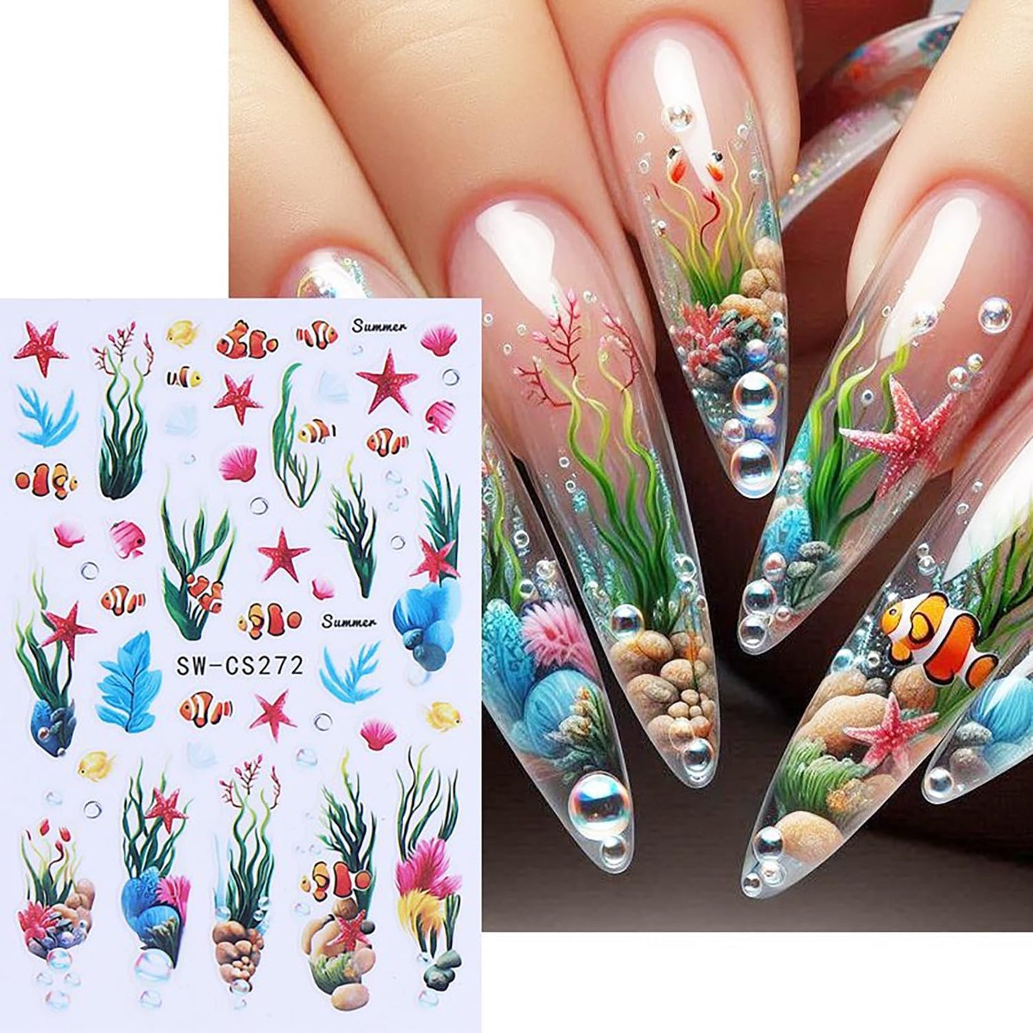 6 Sheets Ocean Plant Nail Art Stickers 3D Self -Adhesive Colorful Seaweed Shell Nail Decals Holographic Cute Fish Starfish Bubbles Nail Stickers Summer Nail Decoration for Women Manicure Supplies