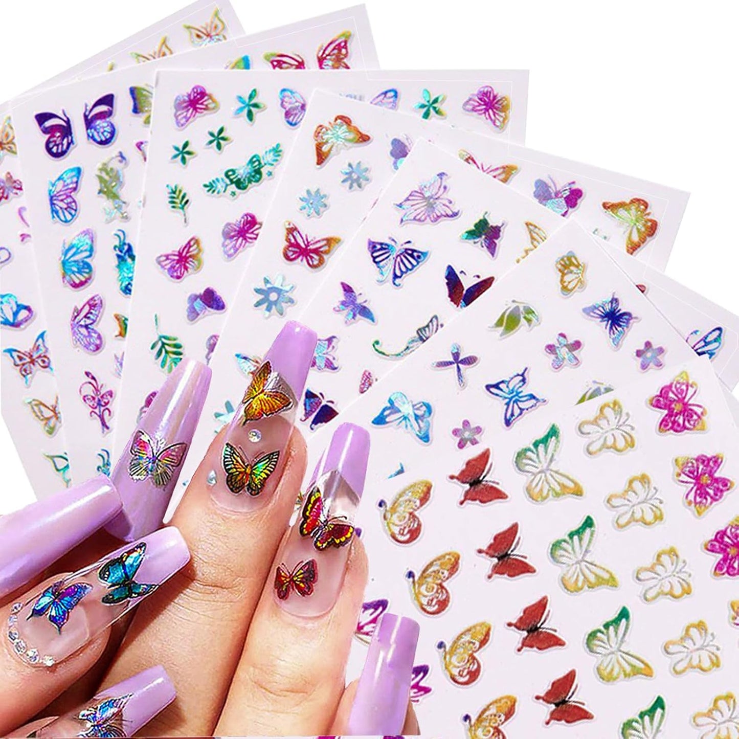 16 Sheets Butterfly Nail Art Stickers 3D Colorful Butterfly Self-Adhesive Design Nail Decals Pegatinas Uñas Holographic Laser Butterfly Nail Supplies for Women Acrylic Nail Art Decoration Accessories