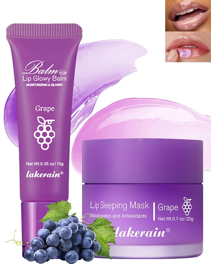 2Pcs Lip Glowy Balm & Lip Sleeping Mask Set,Hydrating Nourishing Repair Sleeping Lip Mask,Glossy Tinted Lip Balm,Day & Night Smooth Cracked Chapped Dry Lip,Lip Care Therapy Treatment for Women-04Grape