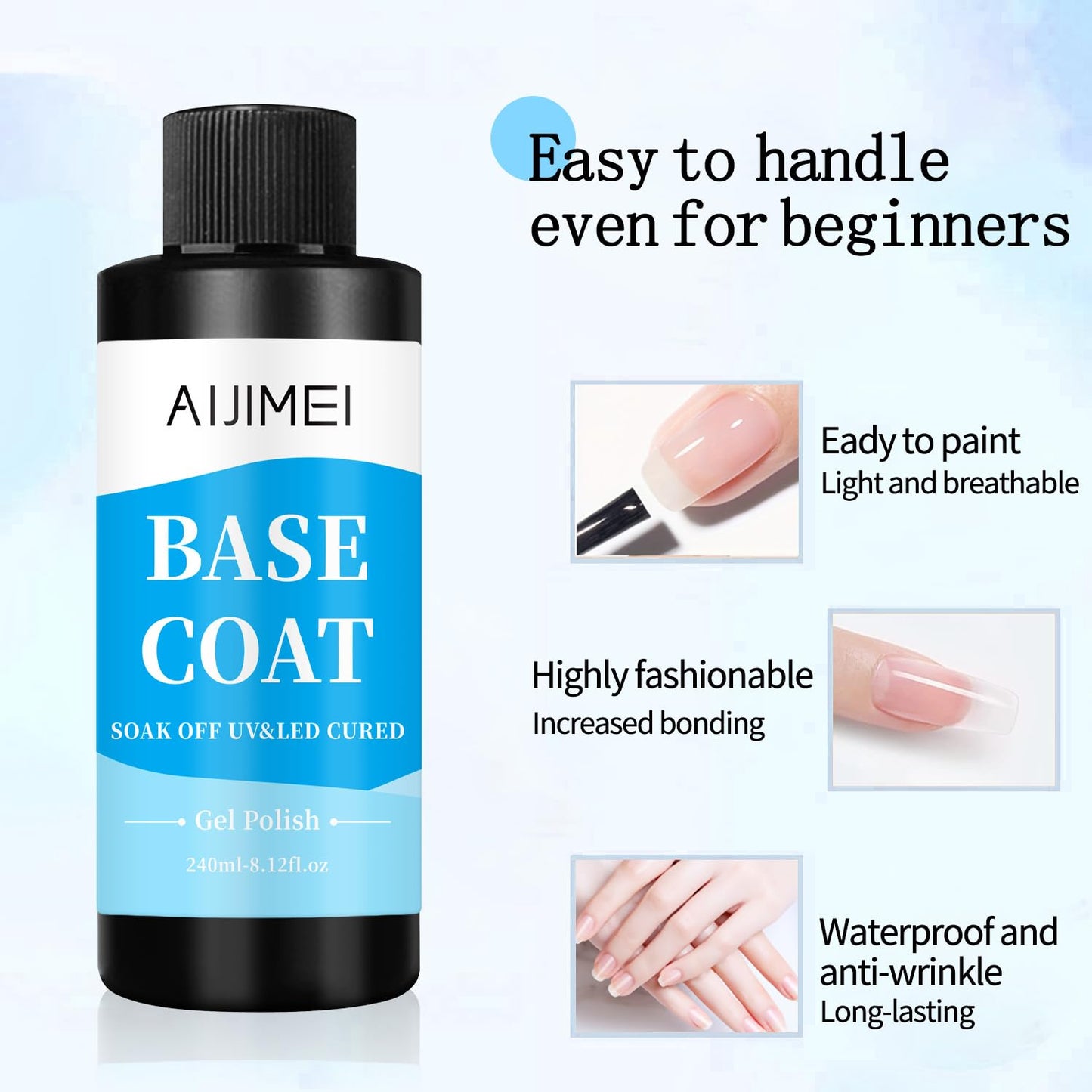 AIJIMEI 240ml Base Coat Quick Dry Gel BaseCoat for Nails Gel Nail Polish Base Coat for Home DIY LongLasting 8 Fl Oz