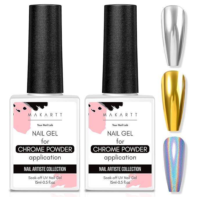 Makartt Gel Top Coat for Chrome Nail Powder - 2 Pcs 15ml Clear No Wipe High Gloss Top Coat Gel Nail Polish Mirror Shine Long Lasting Easy Application, Soak off UV Lamp, DIY Home Salon Art Design