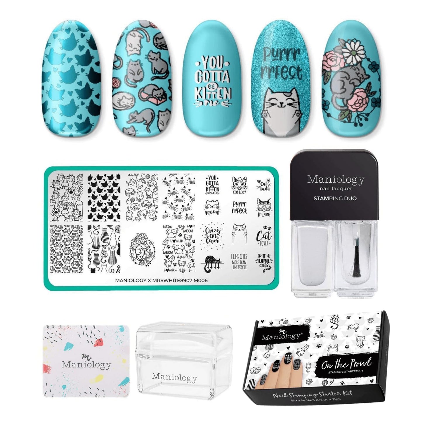 Maniology On the Prowl Nail Stamping Starter Kit | Cat-Themed Nail Art, Playful Kittens, Paw Prints & Whisker Designs DIY Manicures – Includes Stamping Plate, Polish, Top Coat, Stamper & Scraper Card