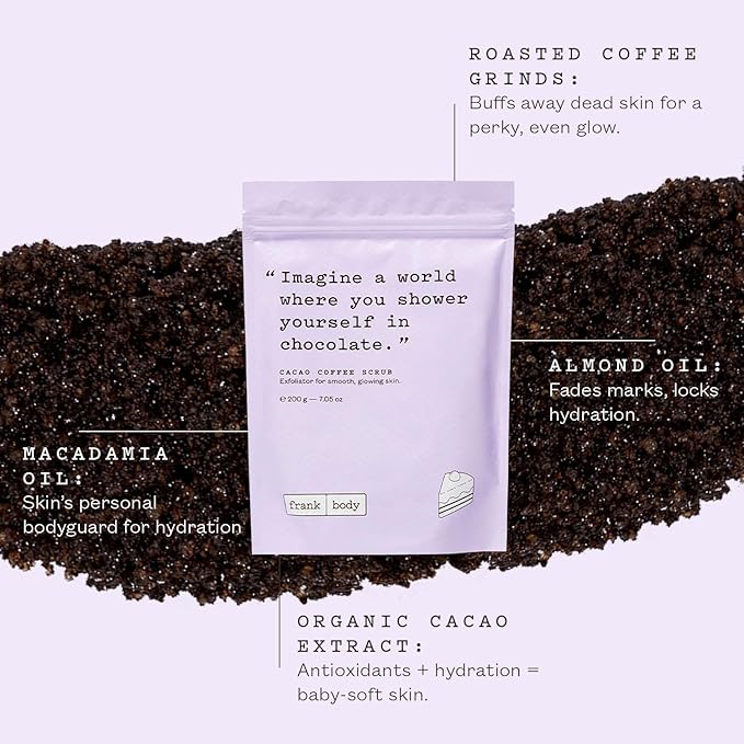 Frank Body Cacao Coffee Scrub | Natural, Vegan, Cruelty Free Exfoliating Body Scrub Smooths, Hydrates, and Nourishes Skin with Cacao Extract, Macadamia Oil, and Vitamins A, E, and D | 7.05 oz / 200 g