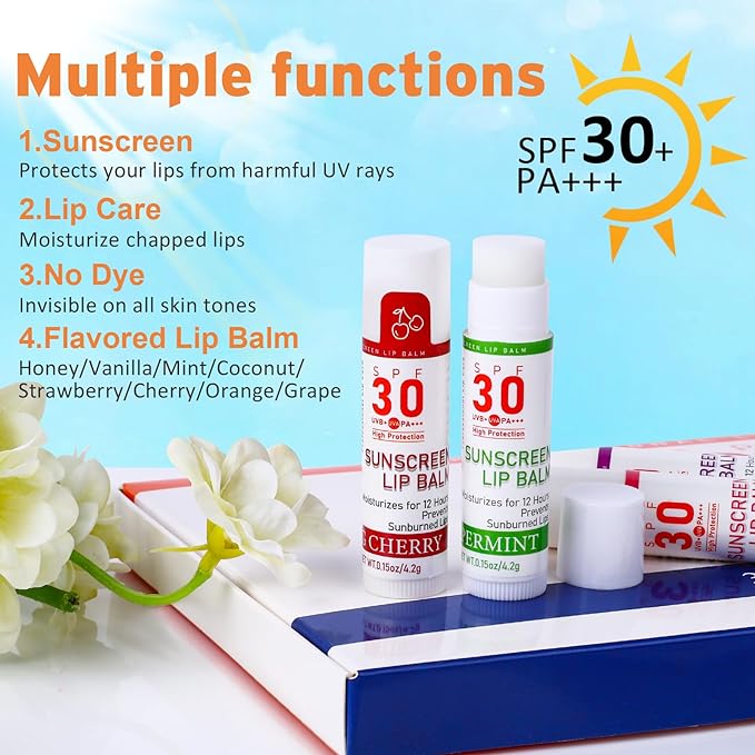 SPF 30 Lip Balm with Sunscreen, SPF Lip Balm Bulk Travel Size-32 Pack, Hydrating Lip Balm Pack with Vitamin E and Coconut Oil- 8 Flavors