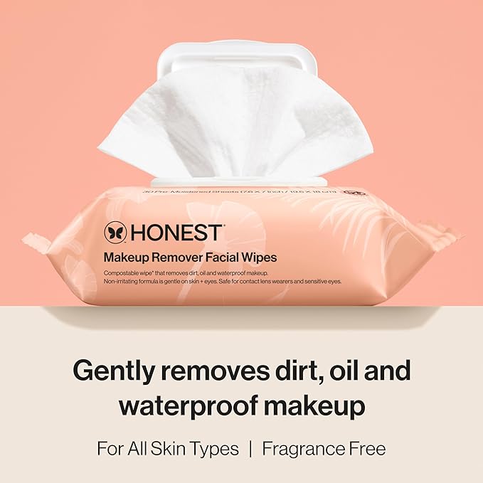 Honest Beauty Fragrance Free Cleansing Makeup Remover Facial Wipes | Plant Based, Hypoallergenic, Gentle for Sensitive Skin | 30 Count