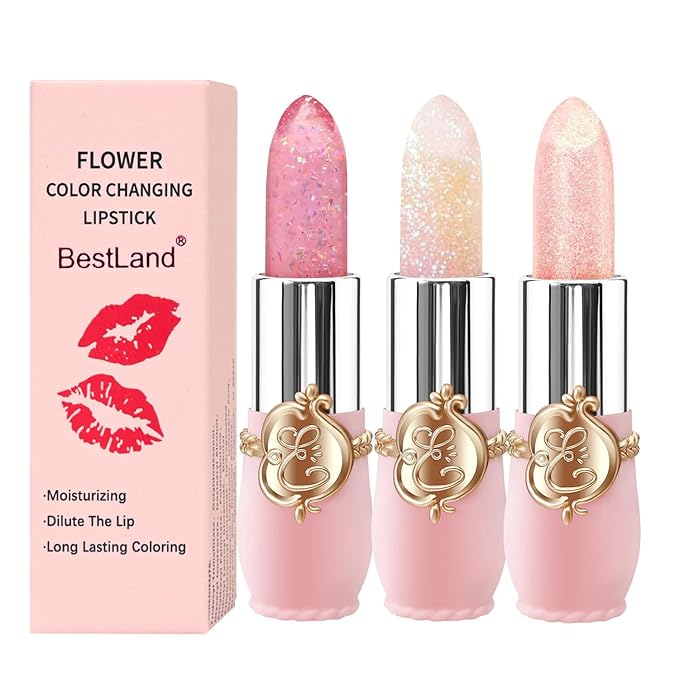 3 Pcs/Set Flower Jelly Lipstick Set Temperature Change Moisturizer Long Lasting Nutritious Glossy Shine Lip Balm Magic Gold Crystal PH Color Change Lip Gloss for Women
