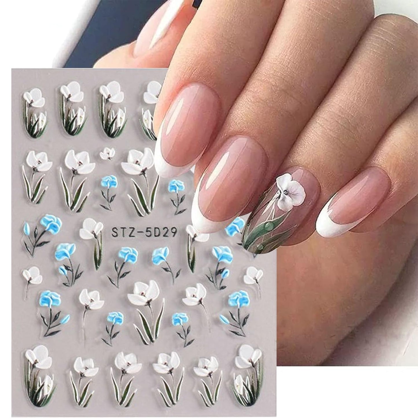 Flower Nail Stickers for Nail Art 5D Embossed Engraved Nails Decals 3D Spring Summer Accessories White Blue Self-Adhesive Nails DIY Design Decoration for Women Girls（6 Sheets