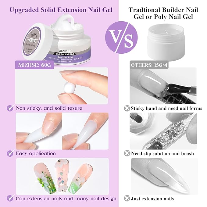 MIZHSE Solid Builder Gel for Nails, 60g White 3D Gel Nail Art Sculpting Non-Sticky Carving Hard Extension Soak Off UV LED for Salon Manicure Home DIY