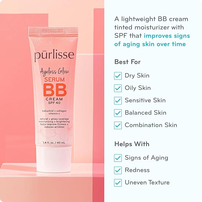 pūrlisse Ageless Glow Serum BB Cream SPF 40 - Glow BB Cream with SPF Enriched with Bakuchiol & Vitamin C to Help Improve Firmness & Reduce Wrinkles for Dewy Skin - Light Medium (1.4 oz)