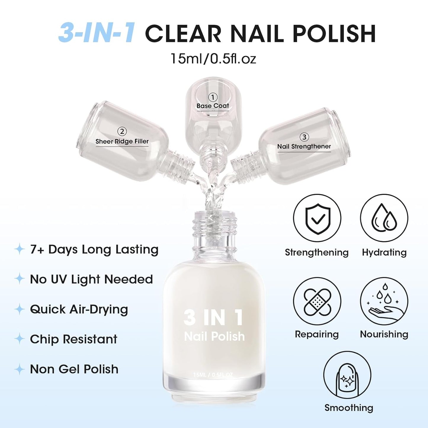 GELLEN Tinted Milky White Ridge Filler For Nails, Clear Nail Polish Ridge Filling Base Coat, Nail Strengthener and Growth, Hydrate Strengthen Nourish Damaged Dry Nails, Shea Butter & Vit E & Protein