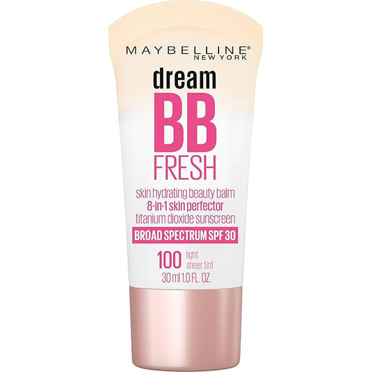 Maybelline Dream Fresh Skin Hydrating BB cream, 8-in-1 Skin Perfecting Beauty Balm with Broad Spectrum SPF 30, Sheer Tint Coverage, Oil-Free, Light, 1 Fl Oz