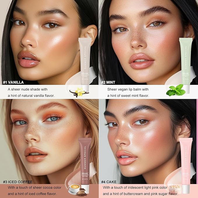 4 PCS Lip Glossy Butter Balm Set,Instant Moisture and Hydration Lip Gloss,Long-lasting Hydrating Non-Sticky Lip Balm,Soften Dry Lips and Lip Care