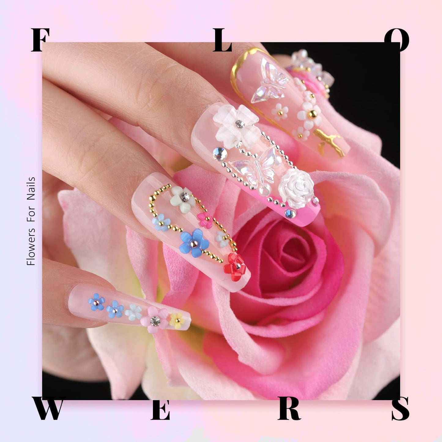 3D Flowers, Manicure Kit with Rhinestone Glue Gel, Colorful Acrylic Flower Nail Charms with Caviar Beads, Rhinestones for Nails with Gem Glue (UV/LED Needed) with Pickup & Dotting Tools