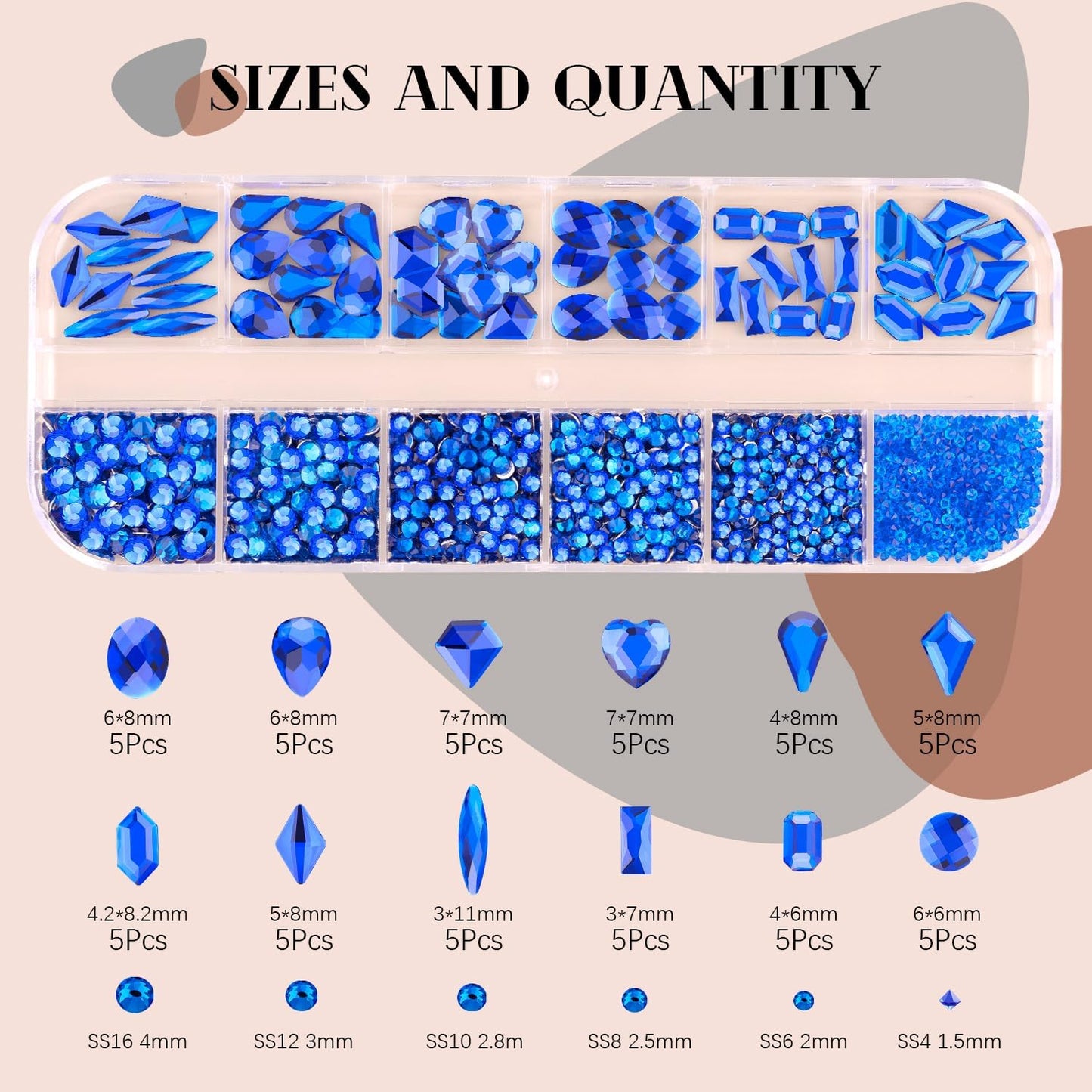 2060Pcs Royal Blue Glass Nail Rhinestones 60Pcs Multi Shapes Flatback Nail Gems + 2000Pcs 1.5-4mm Round Crystal, Manicure Nail Charms Diamond Gemstones for Acrylic Nails Decoration
