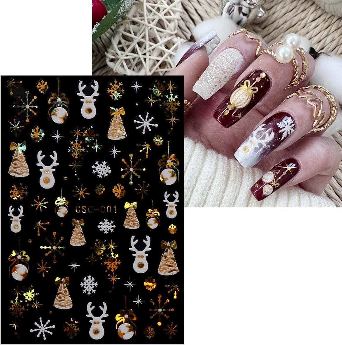 JMEOWIO 8 Sheets Christmas White Glitter Gold Nail Art Stickers Decals Self-Adhesive Snowflake Winter Holiday Nail Supplies Nail Art Design Decoration Accessories