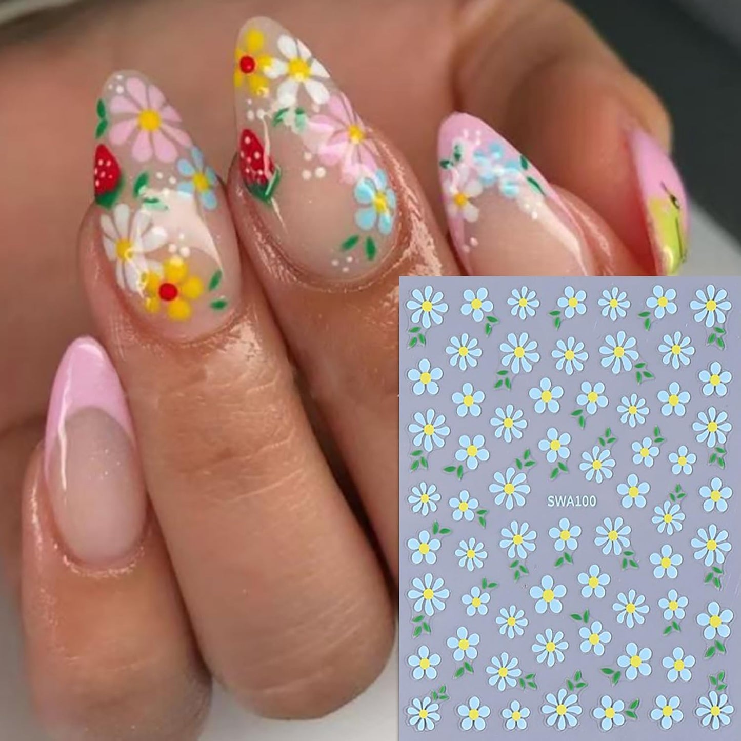 6 Sheets Flower Nail Art Stickers Daisy Nail Art Decals 3D Self-Adhesive Spring Nails Sticker Holographic Pink Blue White Blossom Nails Decal Decoration for Women Floral Manicure Supplies