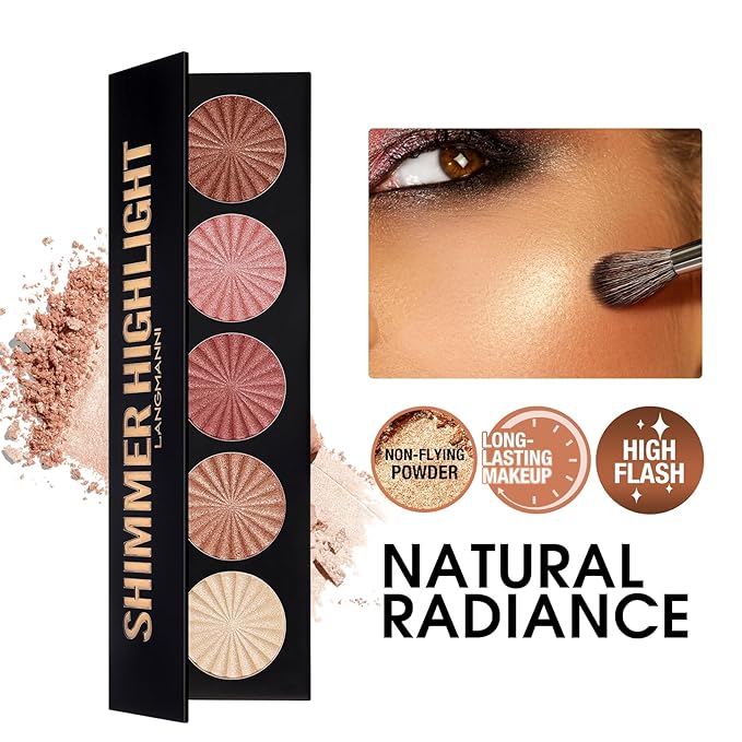 Highlighter Powder Palette, Makeup Palette Facial Bronzers Illuminator Palette Highlighter Baked Waterproof Long Lasting Brilliant Lighten Skin Color (5 Color, 1 Count (Pack of 1))
