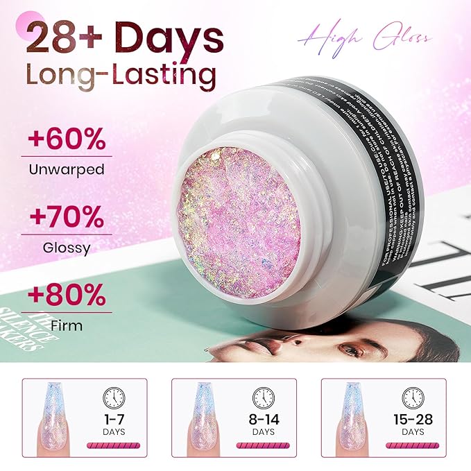 MIZHSE 2PCS Solid Builder Gel for Nails: 30g/1oz Clear & Pink Glitter Hard Gels for Nails 3D Gel with Dual Forms 3D Silicone Mold Soak off U V Builder Gels for Nail Art Manicure Home DIY