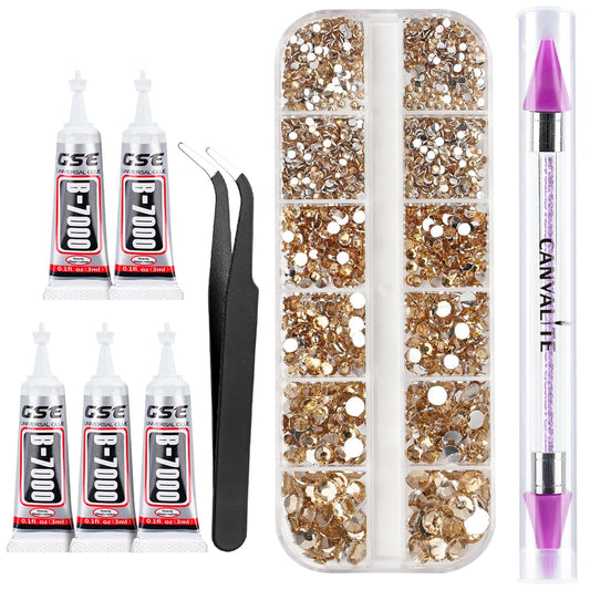 Canvalite 2784Pcs Champagne Rhinestones Flat Back Gems, Nail Rhinestones Gems with Jewelry Glues Pick Up Tweezers and Rhinestone Picker Dotting Pen, Nail Art Tools for Nails, Clothes, Face, Craft