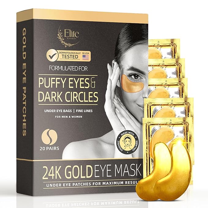 24k Gold Eye Mask - Under Eye Patches for Dark Circles, Puffiness, and Wrinkles - 20 Gold Eye Patches for Puffy Eyes with Collagen and Amino Acids for Intense Hydration and Firming