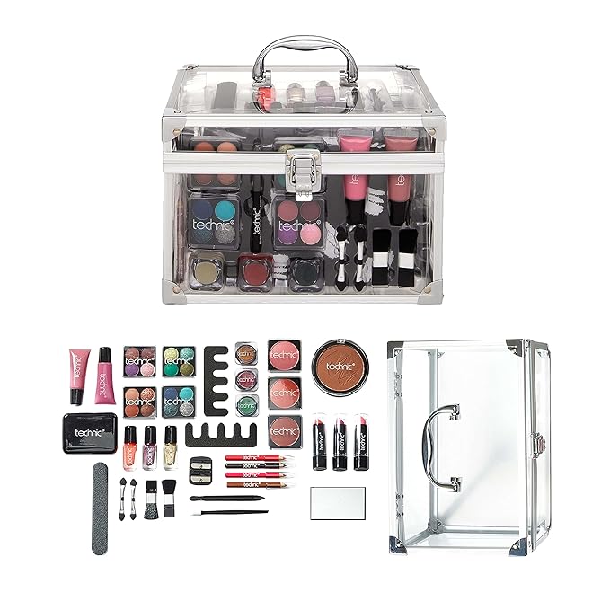 36 Pcs Clear Carry All Full Make Up Kit In a Trunk Train Case Including Makeup Brushes, Eye Shadows, Nail Polish, Blushers, Lipsticks and More