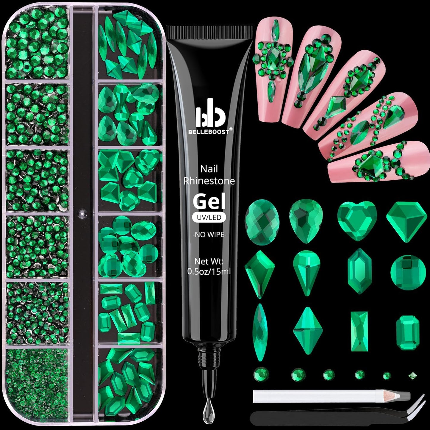 2060Pcs Emerald Green Glass Nail Rhinestones 60Pcs Multi Shapes Flatback Nail Gems + 2000Pcs 1.5-4mm Round Crystal with Rhinestones Glue Gel, Manicure Nail Charms Diamond Gemstone for Nail Art