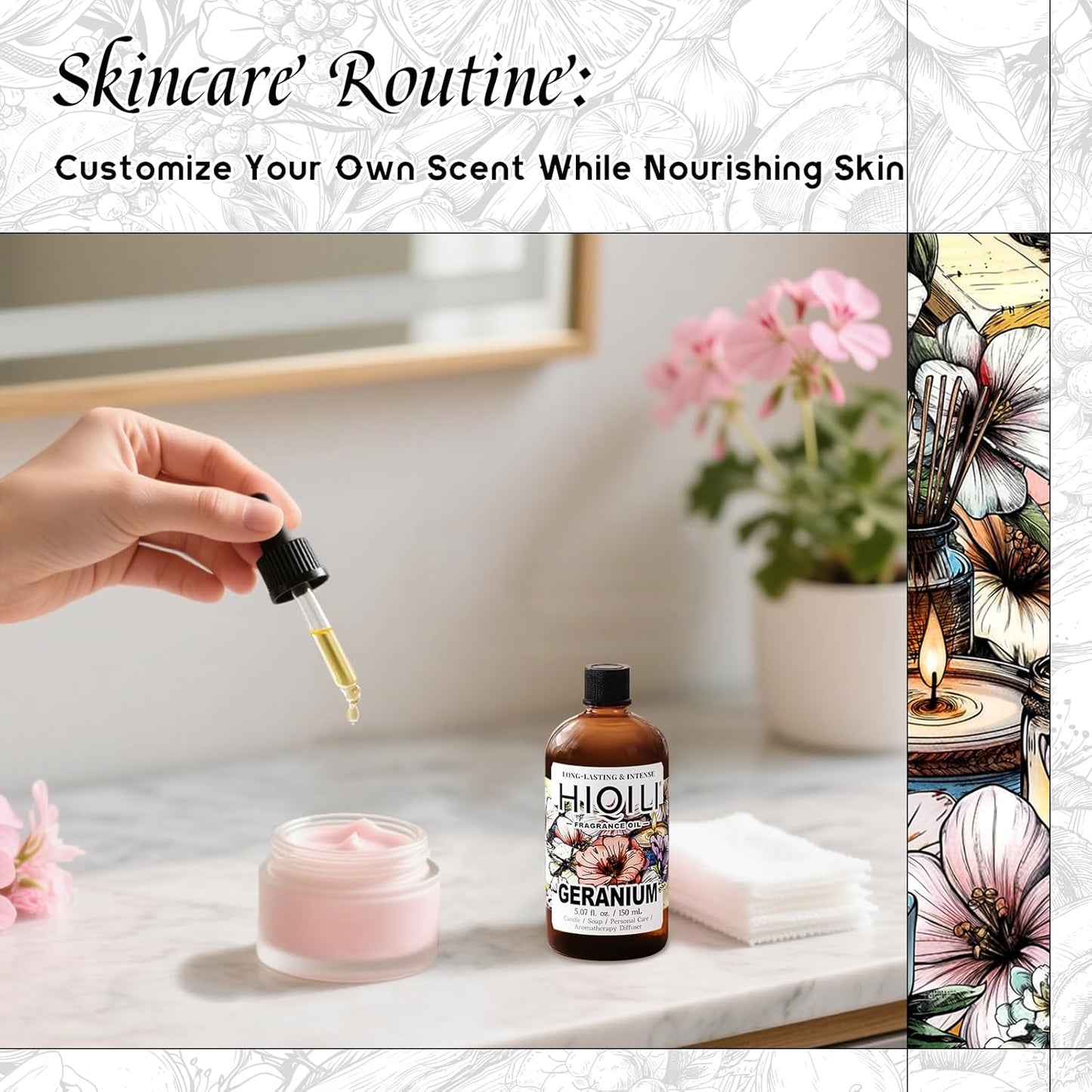 HIQILI Geranium Fragrance Oil for Home Diffuser, Relaxation, Essential Oil for Candle & Soap Making, Long-Lasting Scents, Car Freshies - 5.07 Fl Oz