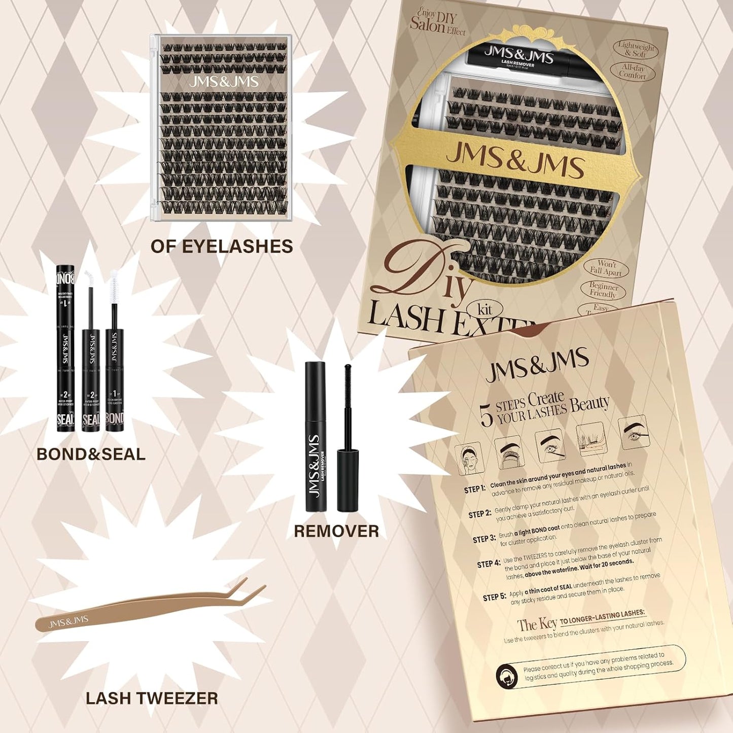 JMS&JMS Lash Clusters Kit Lash Extension Kit with Lash Bond and Seal Eyelash Applictor Lash Remover Eyelash Brush Lash Extension Kit for Beginner (MISS BELLA-8-18mix)