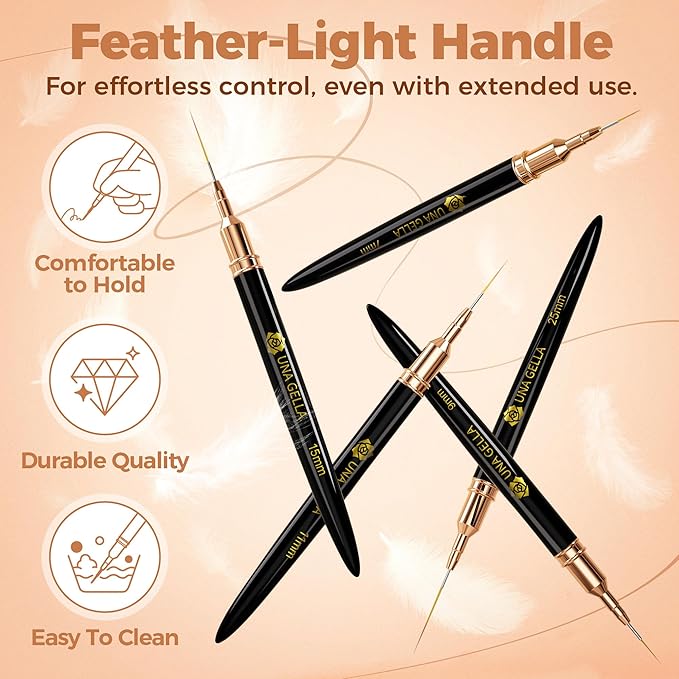 UNA GELLA Metallic Nail Art Brushes, Liner Pens Set 5Pcs Black Color For Nail Art Gel Polish - Thin Detail Nail Art Design Painting Brush Set For Nails Gel Fine Drawing Nail Tools Sizes 7/9/11/15/25mm