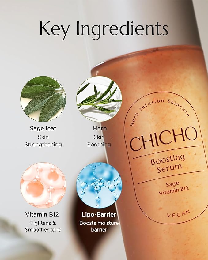CHICHO Boosting Serum - Korean Face Spray Essnece with 88% Sage Leaf Water Vitamin B12 Niacinamide - Glow Skin Hydrating Sensitive Skin Vegan Clean Formula, 3.38 fl.oz.