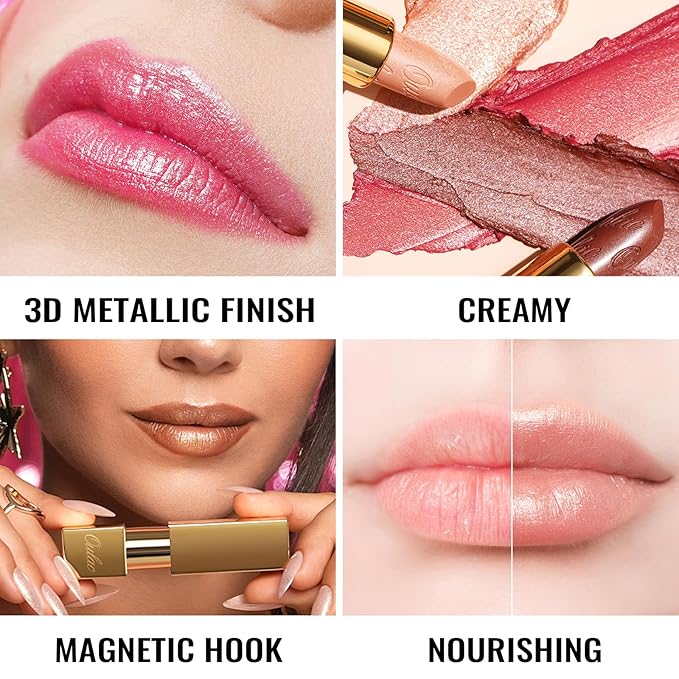 Oulac Coral Orange Lipstick for Women with Metallic 3D Shine Lightweight Hydrating Formula, High Impact Lip Color, Vegan Beauty, Full Coverage Lip Makeup, Christmas Gifts for Women, Be Happy(05)