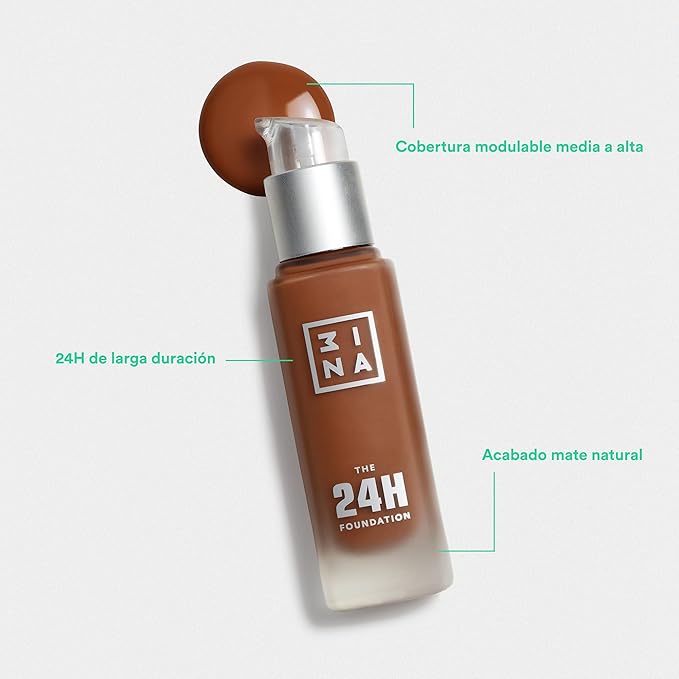3INA The 24H Foundation 678-24H Long-Wearing Formula - Medium To High Buildable Coverage - Smooth Matte Finish - Expanded Shade Selection - Waterproof, Cruelty Free, Vegan Makeup - 1.01 Oz