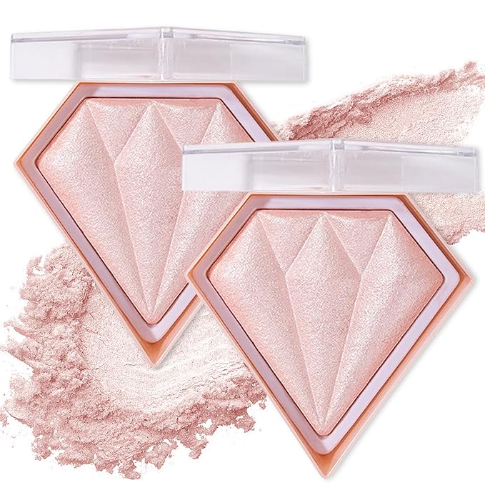2PCS Fairy Pink Highlighter Makeup Palette Face Powder Highlighters Iluminadores De Maquillaje Shimmer Glitter Diamond Highlighter Blush Powder Makeup Palette
