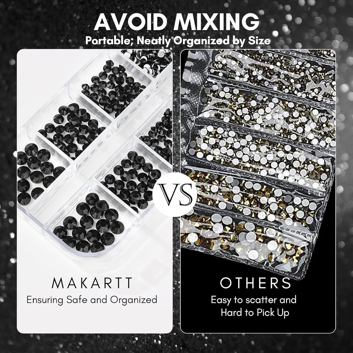 Makartt, 1110 Pcs Rhinestones Set, Black, Round, Multi-Size, Glass or Crystal, for DIY Crafts, Nail Art Supplies Accessories, Christmas Gift