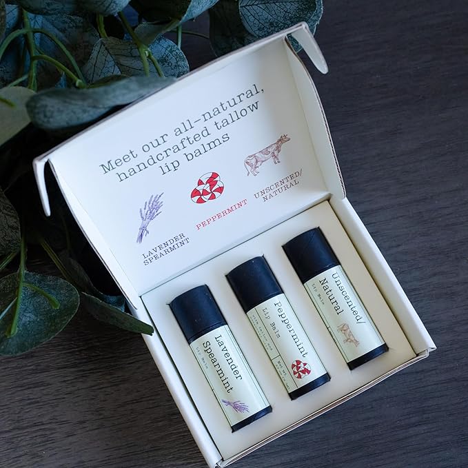Handmade Tallow Lip Balm Collection: Unscented/Peppermint/Lavender-Spearmint (3x .33 oz)