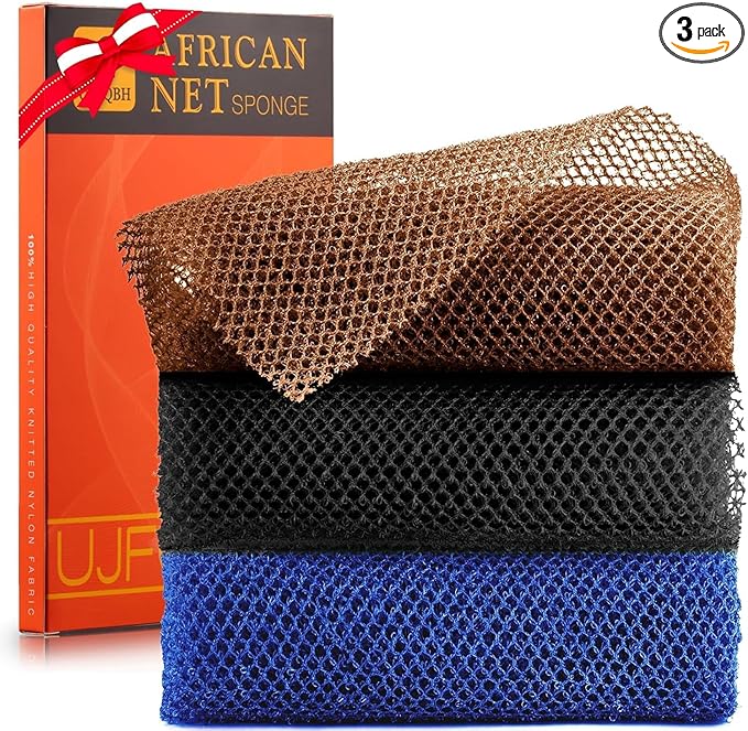 3 Pieces African Bath Sponge African Net Long Net Bath Sponge Exfoliating Shower Body Scrubber Back Scrubber Skin Smoother,Great for Daily Use (Black、Blue、Brown)