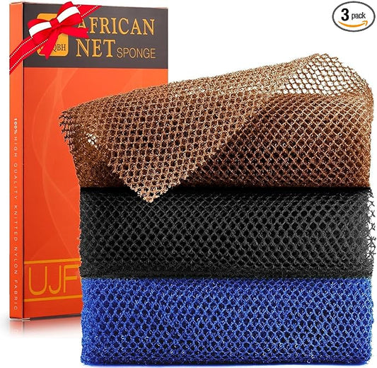 3 Pieces African Bath Sponge African Net Long Net Bath Sponge Exfoliating Shower Body Scrubber Back Scrubber Skin Smoother,Great for Daily Use (Black、Blue、Brown)
