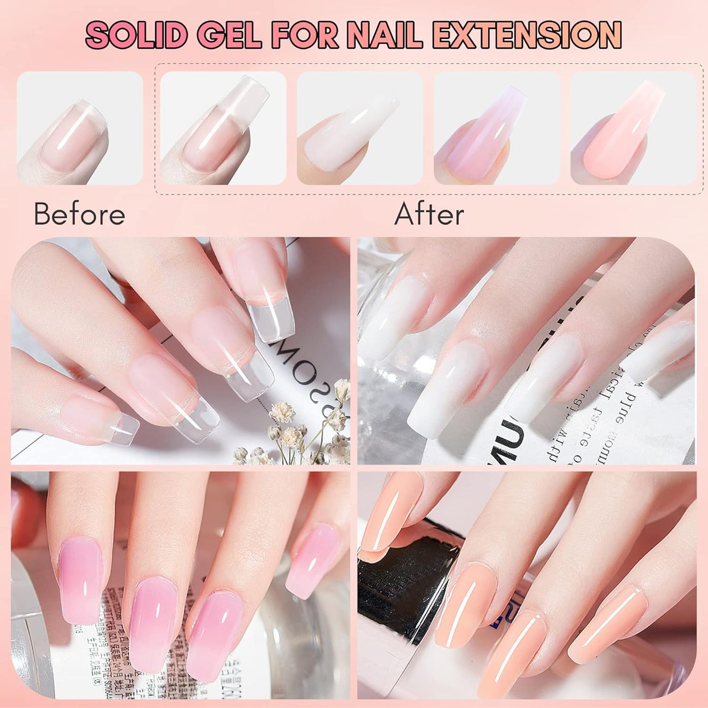 Makartt 3d Gel Nail Art Kit: Non-Stick-Hand Solid Gel Builder, All in One, Clear White Pink 4 Colors Base Top Coat UV LED Lamp File Dual Forms Picker Tool Cuticle Pusher Silicone Molds Sculpting Brush