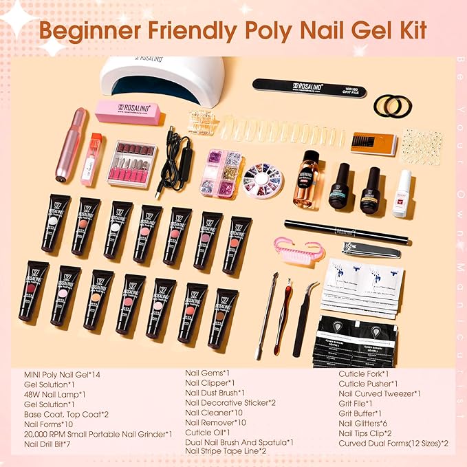 ROSALIND Poly Nail Gel Kit -14 Colors + 75 Nail Art Accessories Kit Nude Pink Series Poly Gel with Big Uv Light 48W and Electric Nail Drill Poly Nail Gel Starter Kit with Everything Gift