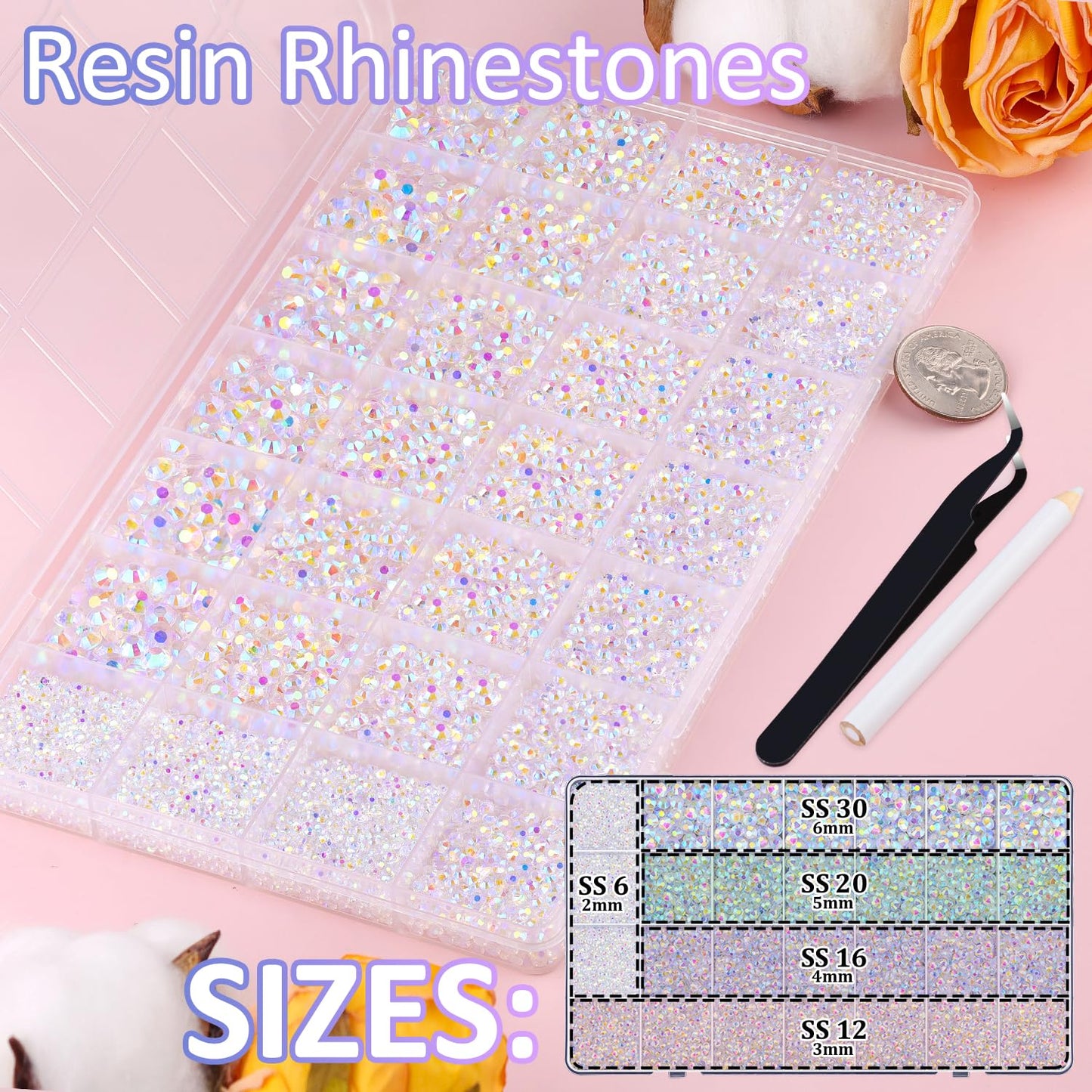 30000Pcs Resin Rhinestones for Bedazzling with Tweezers, Transparent AB Rhinestones for Crafting with B7000 Jewelry Glue for DIY Crafts Clothing Tumblers Shoes Fabric Nail Art