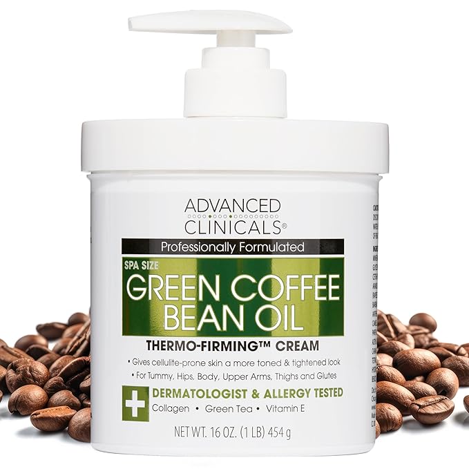 Advanced Clinicals Green Coffee Bean Thermo Firming Body Cream | Anti Cellulite Cream | Caffeine Body Lotion Moisturizer To Firm, Tighten, & Hydrate Look Of Legs, Arms, Tummy, Butt, & Thighs, 16 Oz