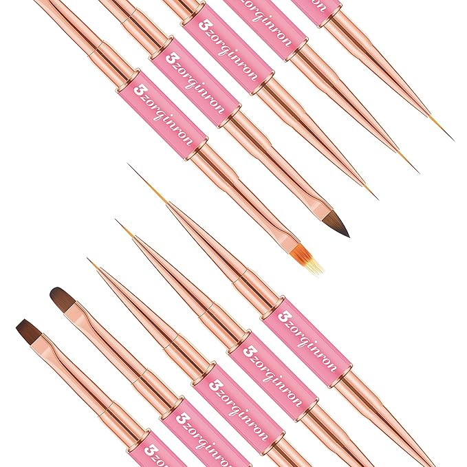 Nail Art Bushes Set, Professional 5Pcs Double-Ended Nail Brush Kit for Details, Long Lines, Ombre & 3D Design-Perfect for DIY Manicures & Salons (Pink)