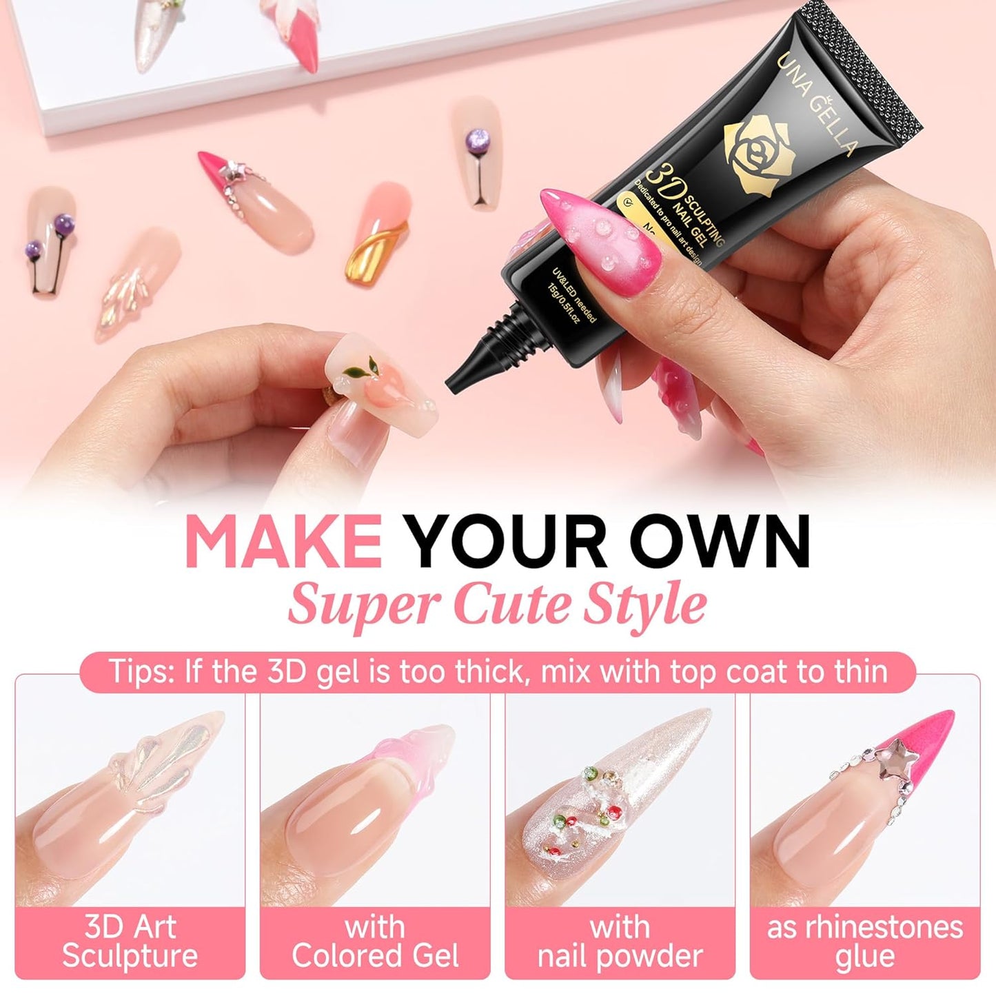 UNA GELLA 3D Gel Nail Art, 3D Nail Gel Sculpting G el Glue 15g 4 in 1 No Wipe Clear Nail Polish for Nails Tips, Chrome Powder, Nail Charms Gems, Drawing, Molding and DIY Nail Art Lamp Curing Needed