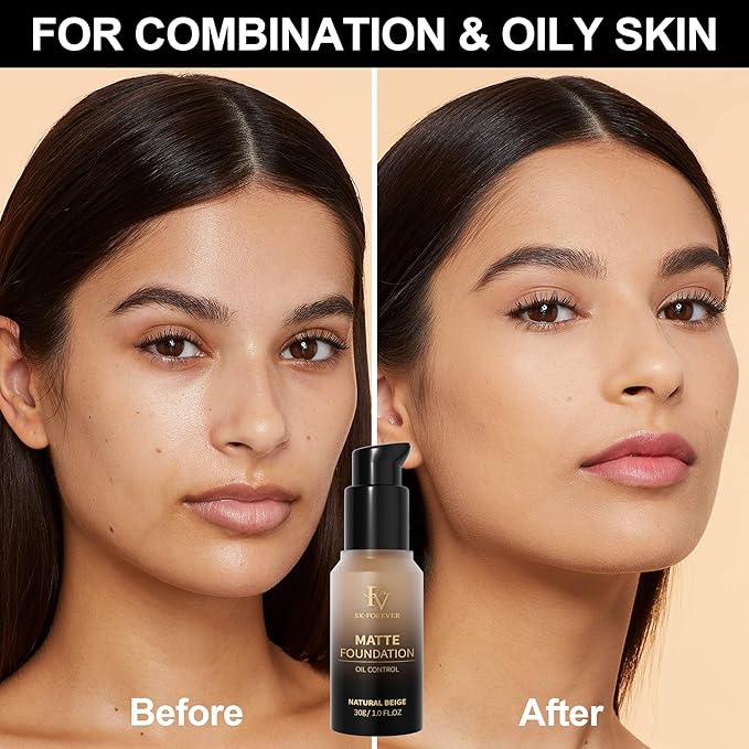 FV Full Coverage Liquid Foundation, Lightweight & Concealing, Long Lasting Matte Foundation Makeup with Flawless Finish, Oil Control Waterproof Foundation for Oily Skin (Natural Beige Matte)