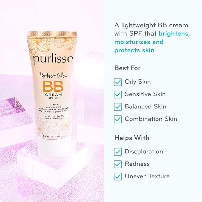 pūrlisse Perfect Glow BB Cream with SPF 30 - Matte Meets Dewy Finish - Enriched with Goji & Hawthorn Berry to Help Improve Skin Texture & Radiance - Medium Warm (1.4 oz)