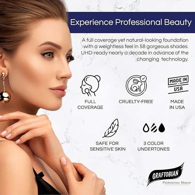 Graftobian HD Glamour Crème Foundation 1/2oz, Weightless Full Coverage Makeup, 65 Inclusive Shades, For All Skin Types, Natural or Full-Glam Looks, For Professionals and Beginners, Diva